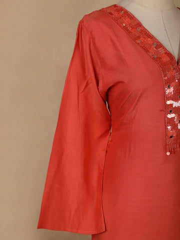 Orange Sequins Embroidered Cotton Palazzo Salwar Suit - Diadem