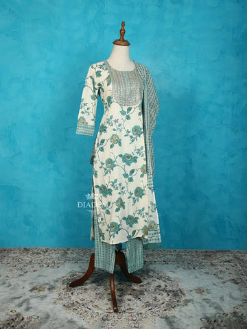 Ivory Straight Cut Salwar Suit for Women Adorned with Floral Prints and Embroidery along with Dupatta - Diadem