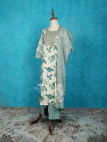 Ivory Straight Cut Salwar Suit for Women Adorned with Floral Prints and Embroidery along with Dupatta - Diadem