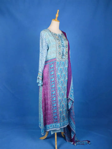 Blue Crepe Straight Cut Salwar Suit for Women Adorned with Floral Prints With Full Sleeves and U- Neck - Diadem