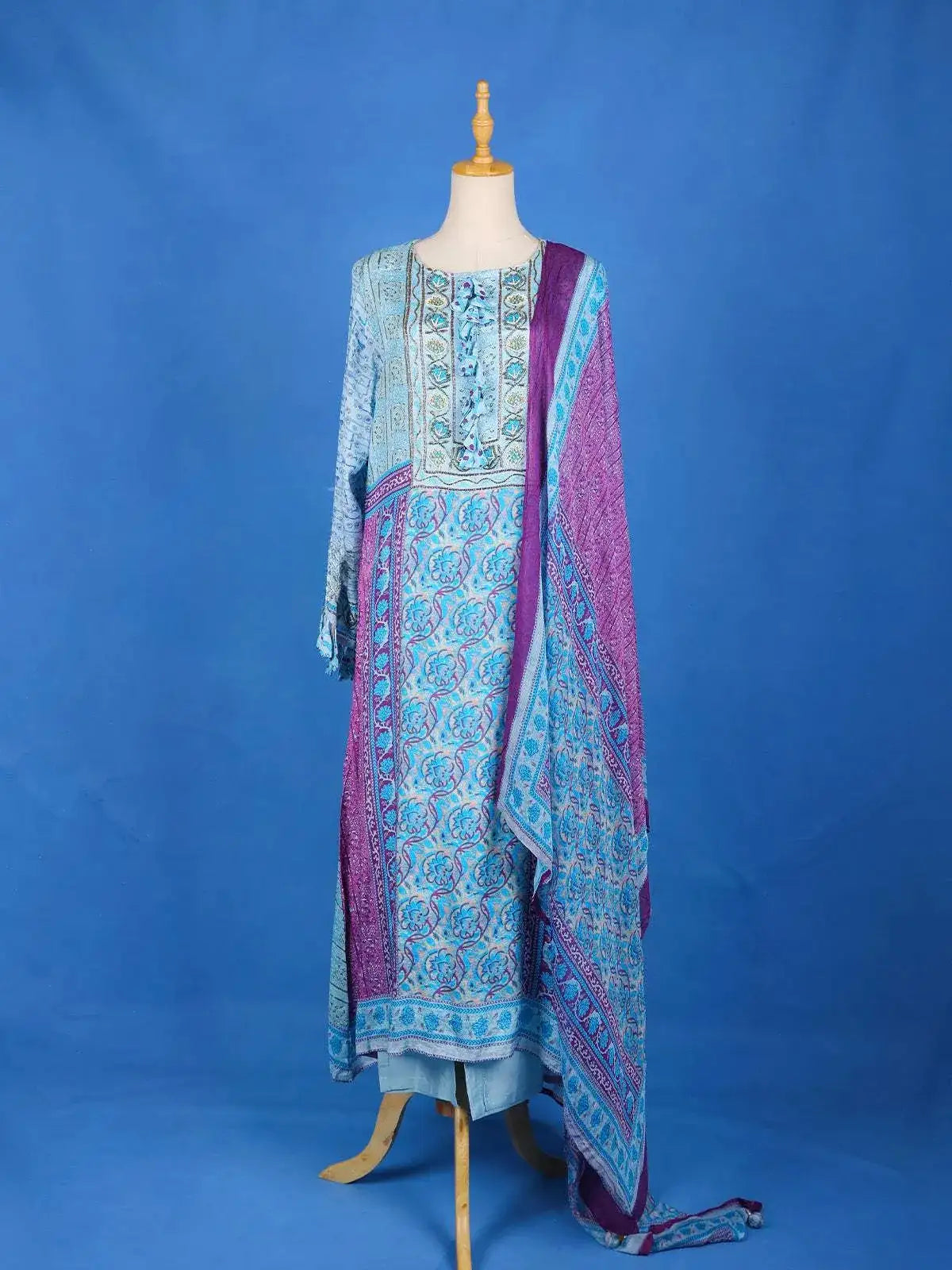 Blue Crepe Straight Cut Salwar Suit for Women Adorned with Floral Prints With Full Sleeves and U- Neck - Diadem