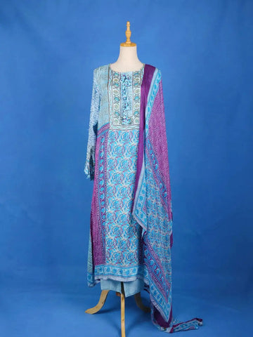 Blue Crepe Straight Cut Salwar Suit for Women Adorned with Floral Prints With Full Sleeves and U- Neck - Diadem