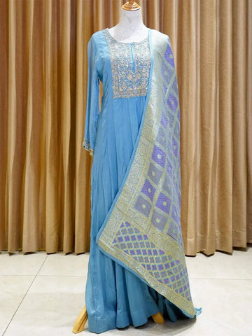 Blue Anarkali Salwar Suit Adorned with Sequins and Zardosi work along with Dupatta - Diadem