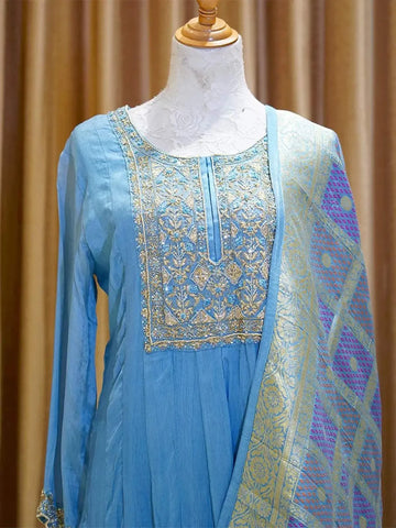 Blue Anarkali Salwar Suit Adorned with Sequins and Zardosi work along with Dupatta - Diadem