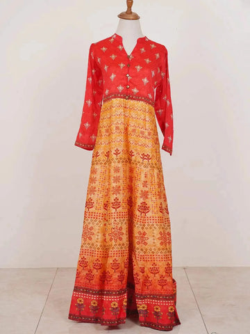 Red and Orange Printed Ombre Kurti Adorned with Floral Prints - Diadem
