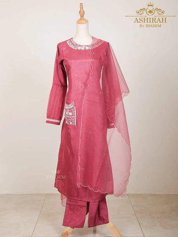 Pink Straight Cut Salwar Suit for Women Enhanced with Sequins and Beads with Dupatta - Diadem