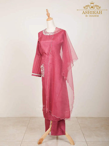 Pink Straight Cut Salwar Suit for Women Enhanced with Sequins and Beads with Dupatta - Diadem