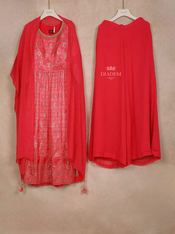 Red Crepe Straight Cut Salwar Suit for Women Adorned with Sequins and Flower Prints, Paired with Dupatta - Diadem
