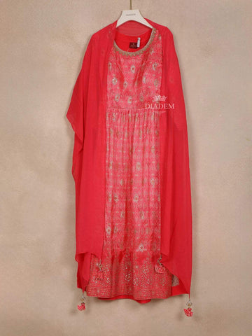 Red Crepe Straight Cut Salwar Suit for Women Adorned with Sequins and Flower Prints, Paired with Dupatta - Diadem