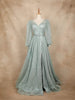 Aqua Green Net with Floral Design Long Bishop Sleeves and Belt Gown - Diadem