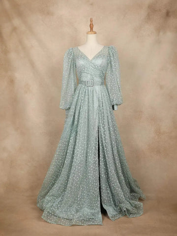 Aqua Green Net with Floral Design Long Bishop Sleeves and Belt Gown - Diadem
