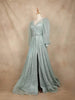 Aqua Green Net with Floral Design Long Bishop Sleeves and Belt Gown - Diadem
