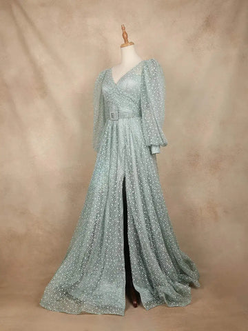 Aqua Green Net with Floral Design Long Bishop Sleeves and Belt Gown - Diadem