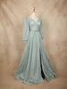 Aqua Green Net with Floral Design Long Bishop Sleeves and Belt Gown - Diadem