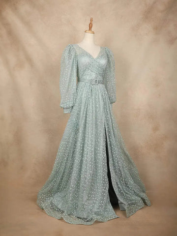 Aqua Green Net with Floral Design Long Bishop Sleeves and Belt Gown - Diadem