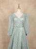 Aqua Green Net with Floral Design Long Bishop Sleeves and Belt Gown - Diadem