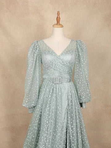 Aqua Green Net with Floral Design Long Bishop Sleeves and Belt Gown - Diadem