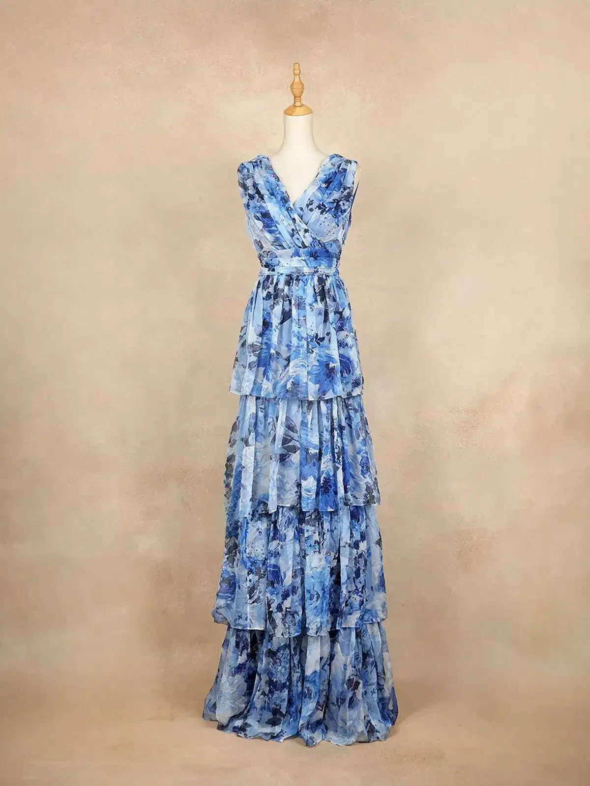 Blue with Floral Design, Tiered Ruffled Bottom and Sleeveless Gown - Diadem