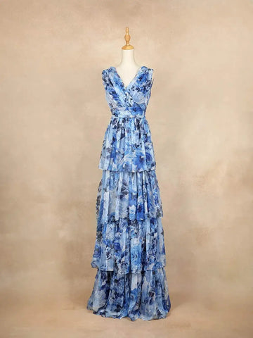 Blue with Floral Design, Tiered Ruffled Bottom and Sleeveless Gown - Diadem