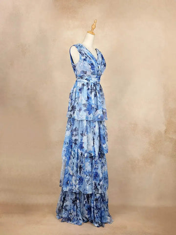 Blue with Floral Design, Tiered Ruffled Bottom and Sleeveless Gown - Diadem