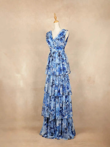 Blue with Floral Design, Tiered Ruffled Bottom and Sleeveless Gown - Diadem