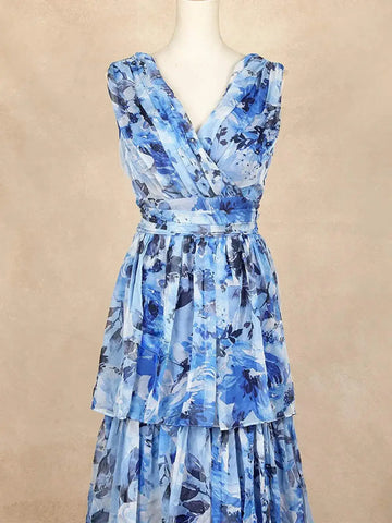 Blue with Floral Design, Tiered Ruffled Bottom and Sleeveless Gown - Diadem