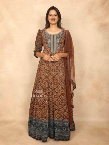 Brown Straight Cut Salwar Suit for Women Adorned with Sequins and Floral Design with Dupatta - Diadem
