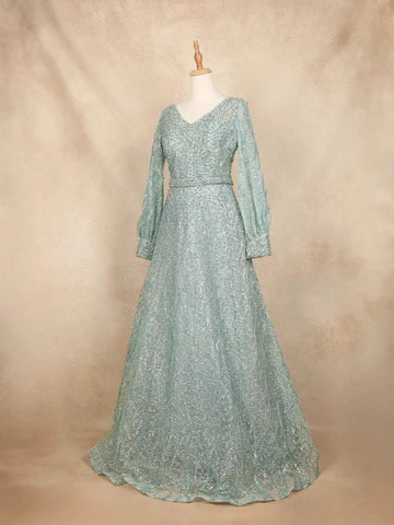 Aqua Green Net with Beads Glitters and Long Sleeves Gown - Diadem