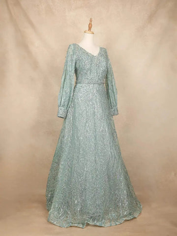 Aqua Green Net with Beads Glitters and Long Sleeves Gown - Diadem