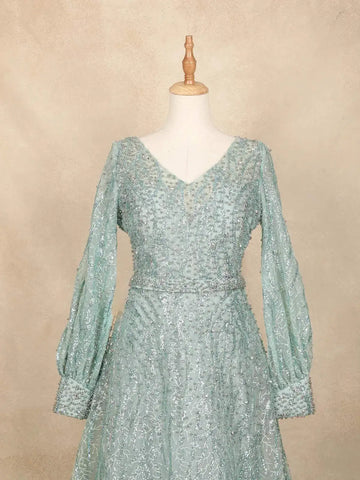 Aqua Green Net with Beads Glitters and Long Sleeves Gown - Diadem