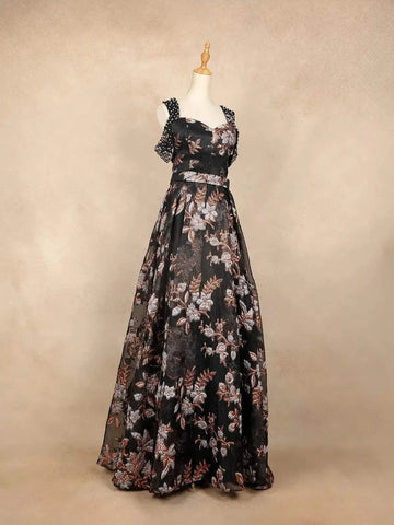 Black Net with Flower Butta and Cap Sleeves Gown - Diadem