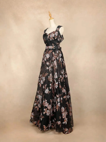 Black Net with Flower Butta and Cap Sleeves Gown - Diadem