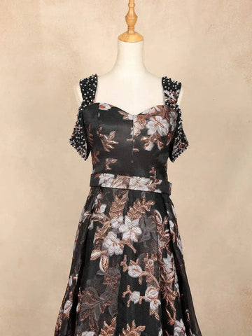 Black Net with Flower Butta and Cap Sleeves Gown - Diadem