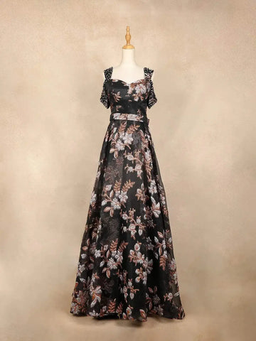 Black Net with Flower Butta and Cap Sleeves Gown - Diadem