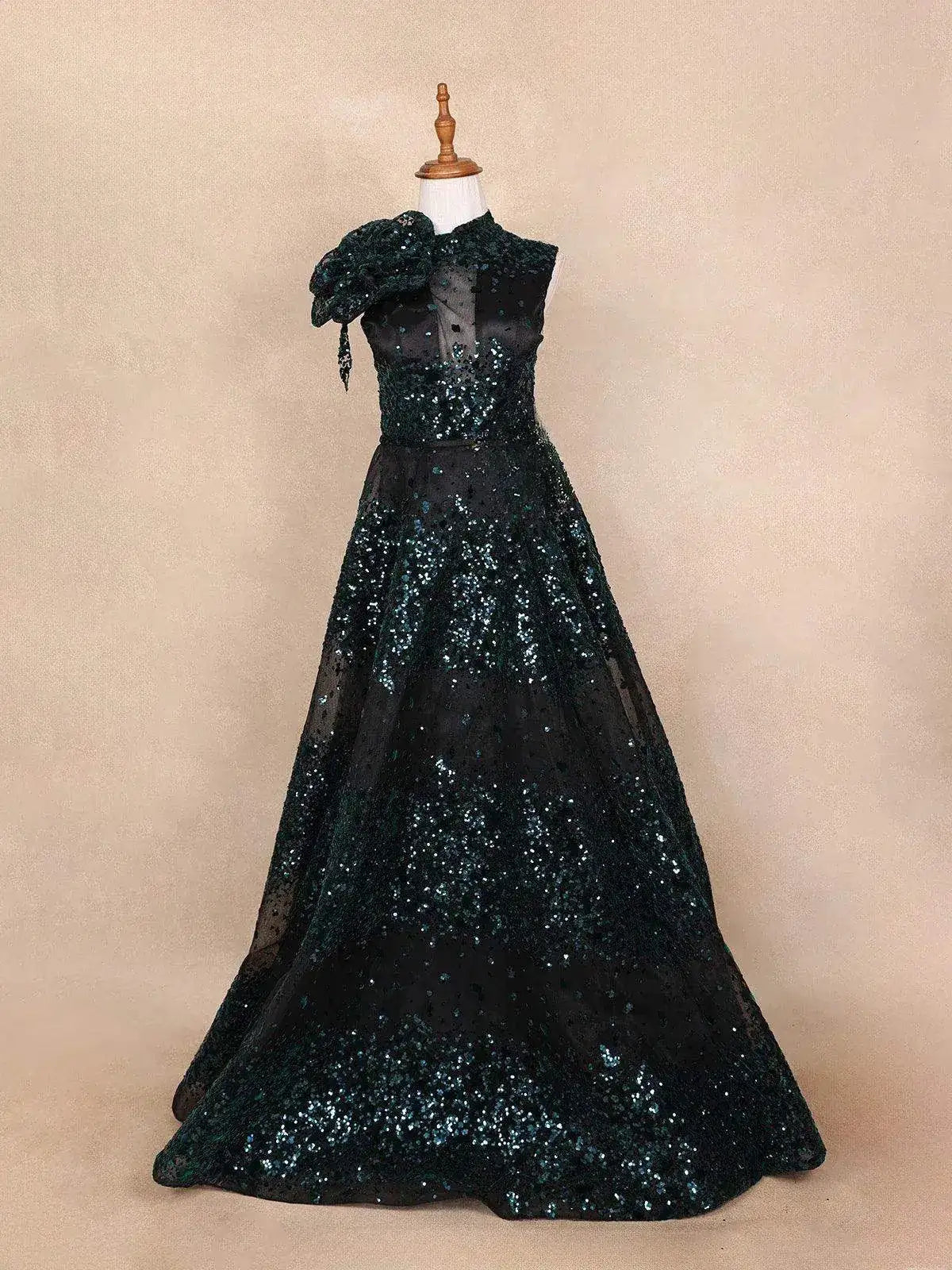 Black Net A-Line Gown with 3D Flowers and Sequins - Diadem