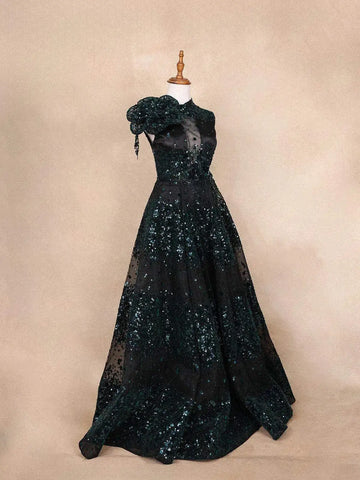 Black Net A-Line Gown with 3D Flowers and Sequins - Diadem