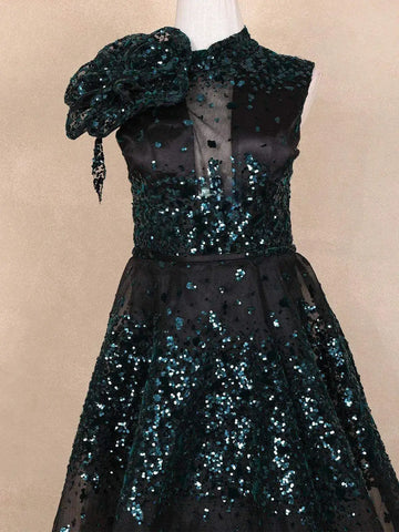 Black Net A-Line Gown with 3D Flowers and Sequins - Diadem