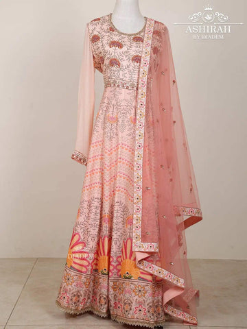 Light Pink Anarkali Salwar Suit Embellished in Floral Embroideries with Dupatta - Diadem