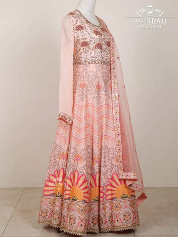 Light Pink Anarkali Salwar Suit Embellished in Floral Embroideries with Dupatta - Diadem