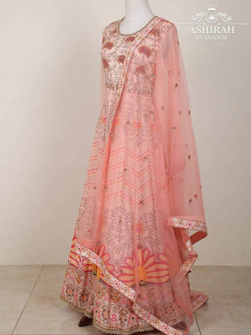 Light Pink Anarkali Salwar Suit Embellished in Floral Embroideries with Dupatta - Diadem