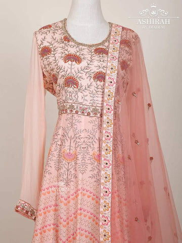 Light Pink Anarkali Salwar Suit Embellished in Floral Embroideries with Dupatta - Diadem
