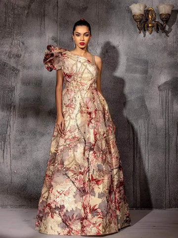 Ivory Gown with Floral Prints and Shimmers - Diadem