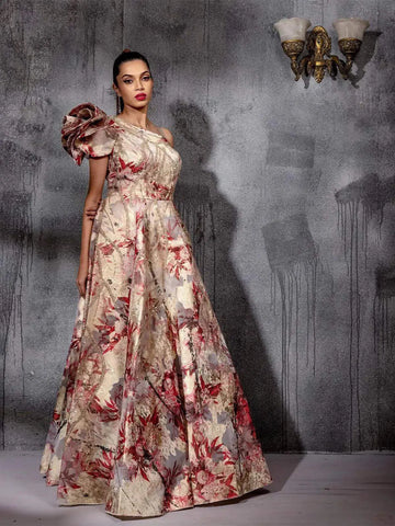 Ivory Gown with Floral Prints and Shimmers - Diadem