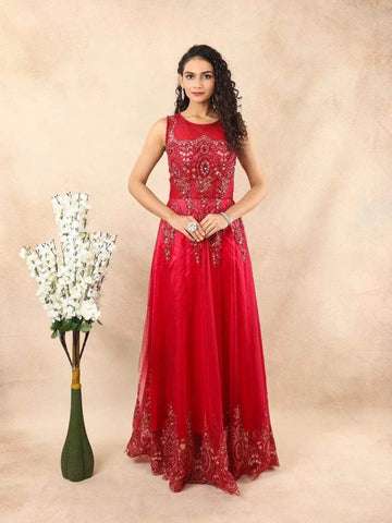 Red Pink Net Engagement Gown with Glitter and Floral Embroidery - Diadem
