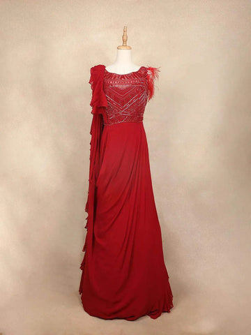 Red Gown with Sequins, Beads, Stripes and Ruffles - Diadem