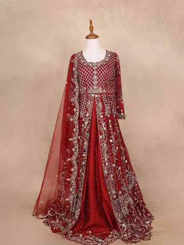 Red Net Engagement Gown for Women with Floral Beads and Diagonal Checks - Diadem