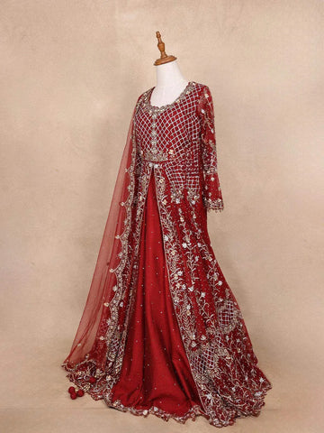 Red Net Engagement Gown for Women with Floral Beads and Diagonal Checks - Diadem