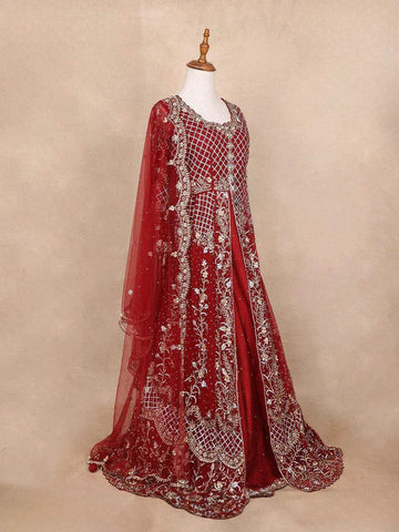 Red Net Engagement Gown for Women with Floral Beads and Diagonal Checks - Diadem