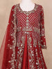 Red Net Engagement Gown for Women with Floral Beads and Diagonal Checks - Diadem