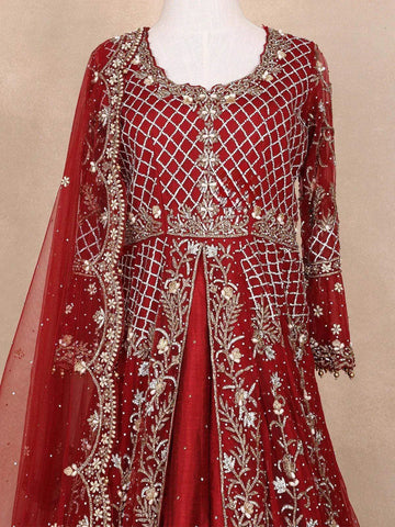 Red Net Engagement Gown for Women with Floral Beads and Diagonal Checks - Diadem